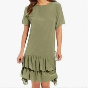A Loves A 100% Silk Olive Green Ruffle Tiered Mini Dress Sz S